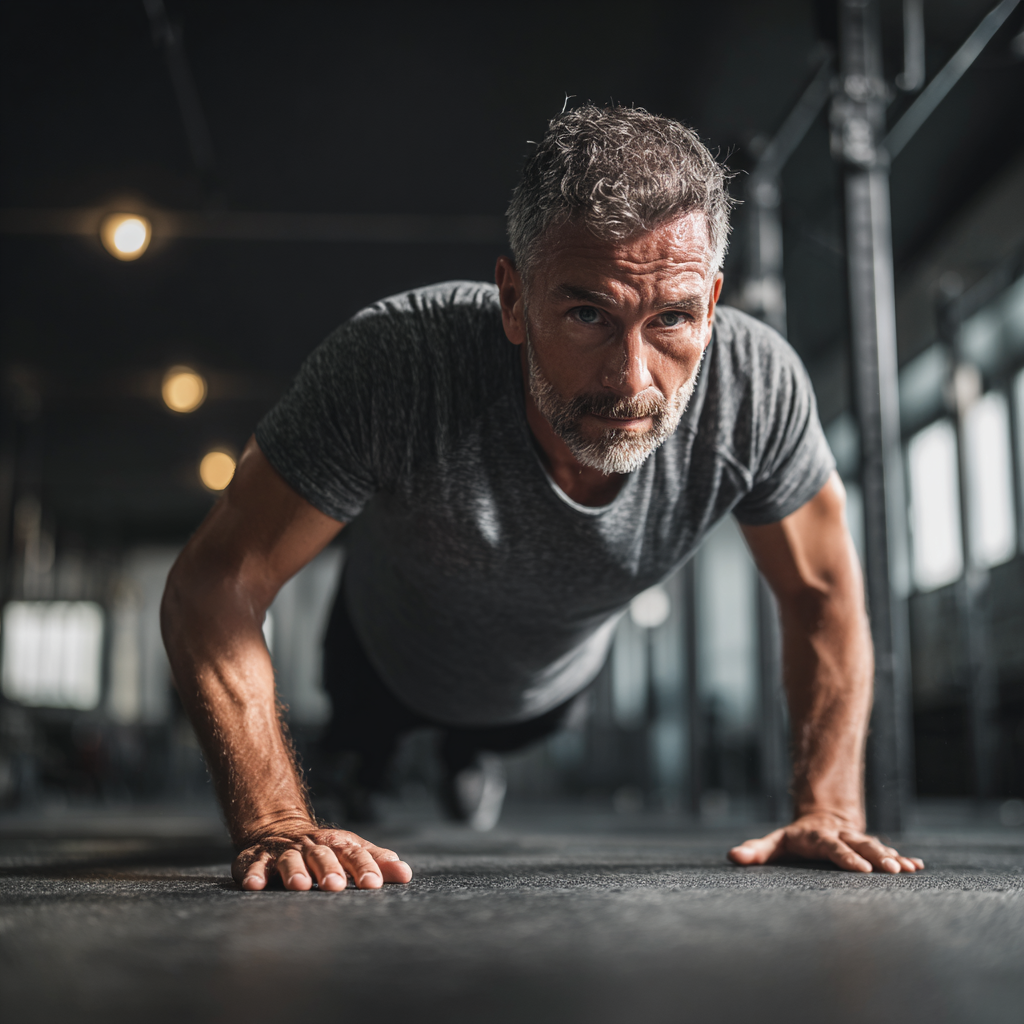 middle aged person exercising with determination in modern fitness environment
